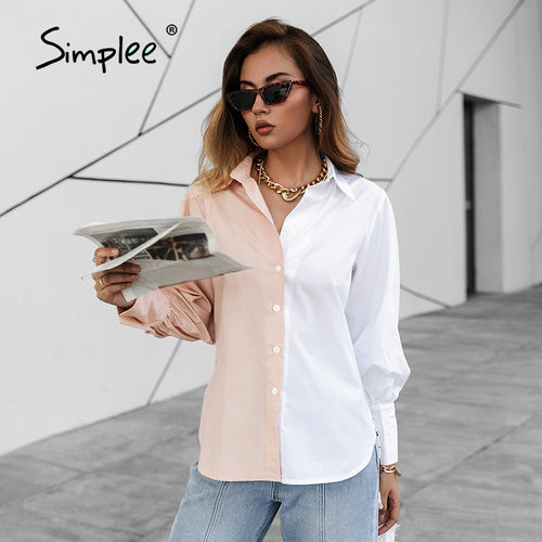 Women Work Casual Color Blocking Single-Breasted Long Puff Sleeves Blouse