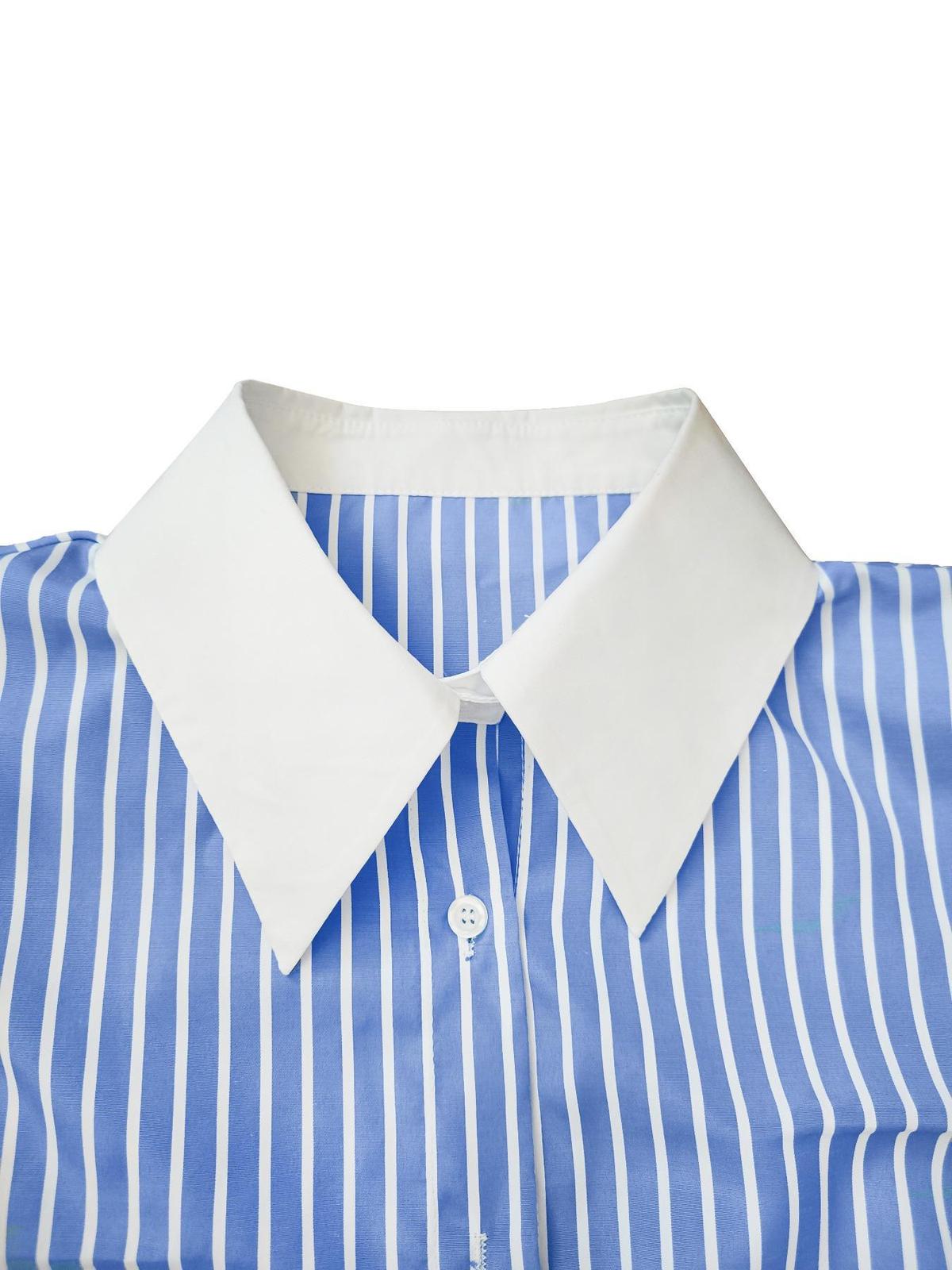 Women Fashion Casual Stripe Lapel Long-Sleeve Blouse