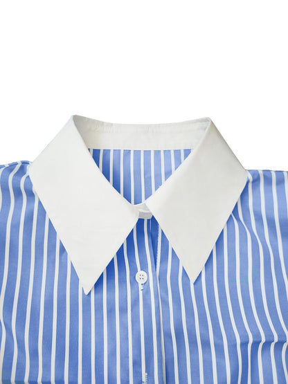 Women Fashion Casual Stripe Lapel Long-Sleeve Blouse
