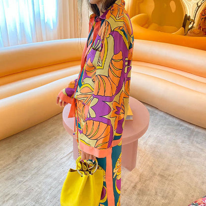 Women Fashion Casual Printing Long Sleeve Shirt Blouse Trousers Ethnic Style Suit