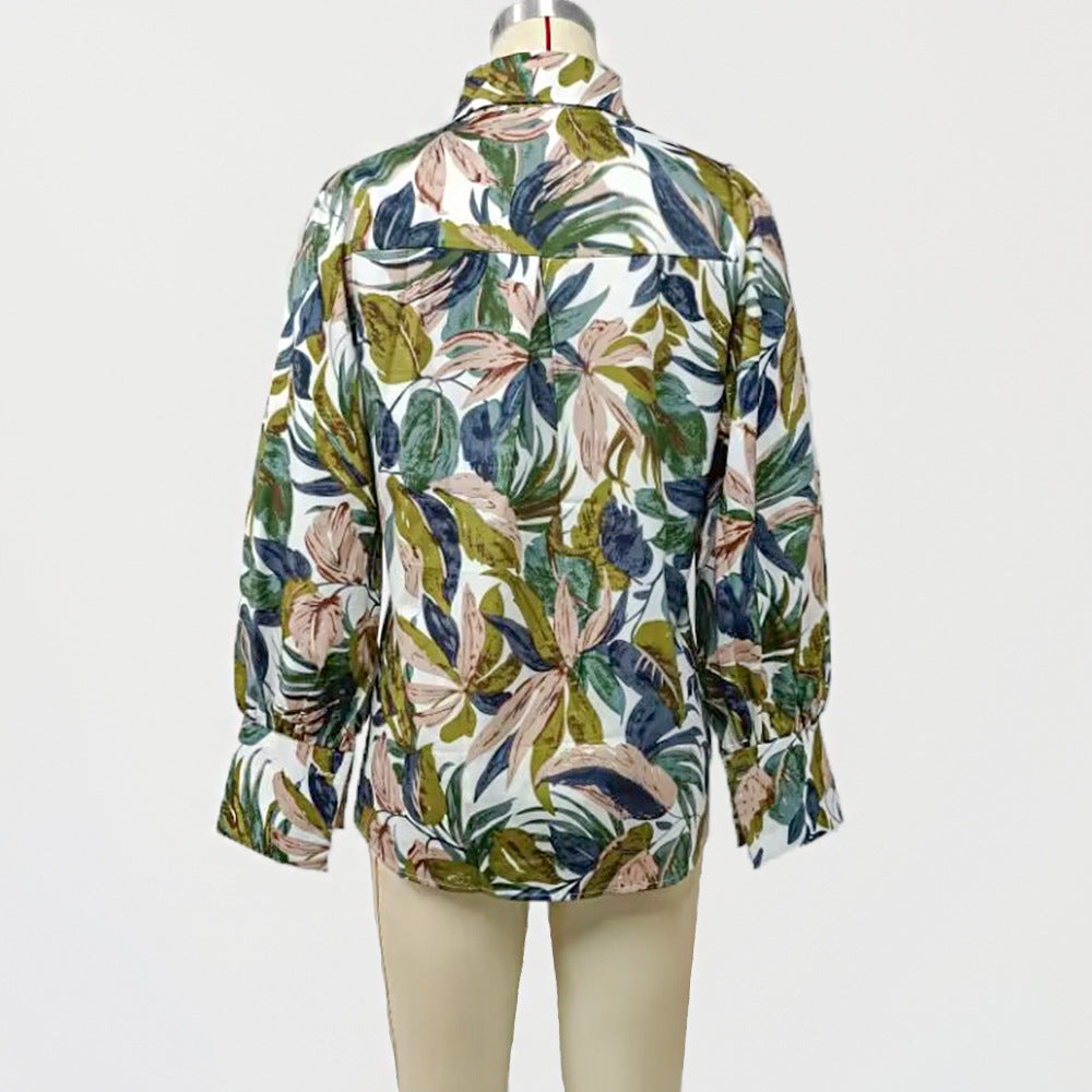 Women Fashion Casual Plant Printed Lapel Lantern Sleeve Blouse