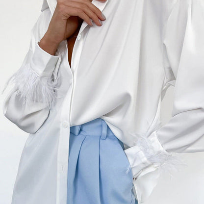 Women Fashion Casual Solid Color Ice Silk Feather Stitching Long Sleeve Lapel Single-Breasted Blouse