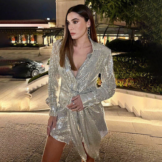 Women Fashion Casual Sequin Lace-Up Slim-Fit Lapel Long-Sleeved Blouse