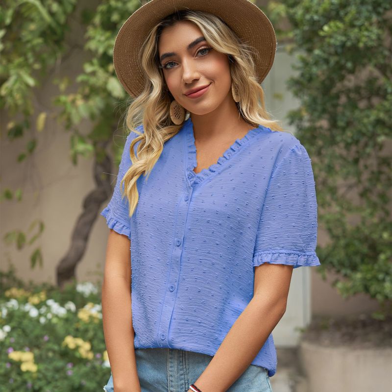 Womensummer Casual V Neck Floral Chiffon Short Sleeve Solid Color Blouse