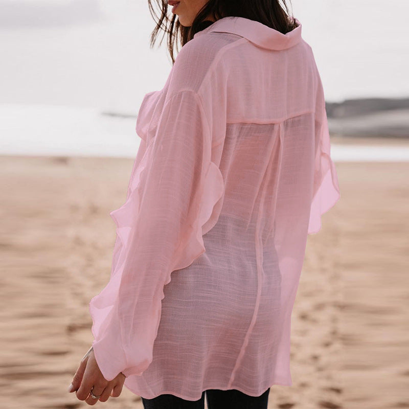 Women Fashion Casual Long-Sleeved V Neck Pullover Solid Color Cotton And Linen Blouse