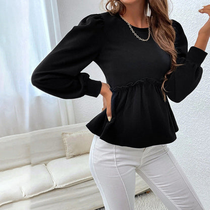 Women Sweet Edgy Loose Casual Long Puff Sleeves Ruffled Temperament Blouse