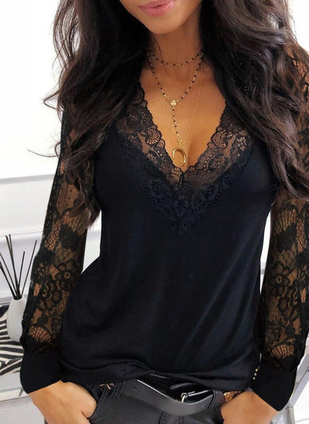 Women Casual Solid Color Lace Patchwork V Neck Long Sleeves Blouse