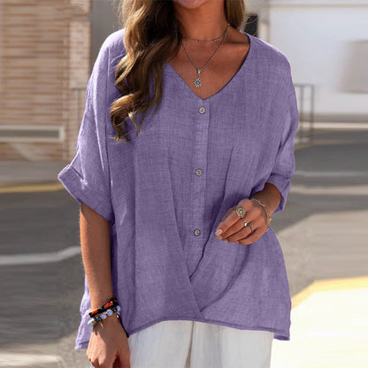 Women Casual Cotton And Linen Solid Color V-Neck Single-Breasted Blouses