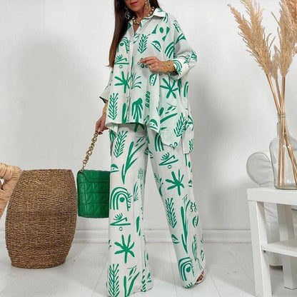Women Printed Loose Casual Long Sleeve Shirt Blouse Top And Pants Two Piece Set