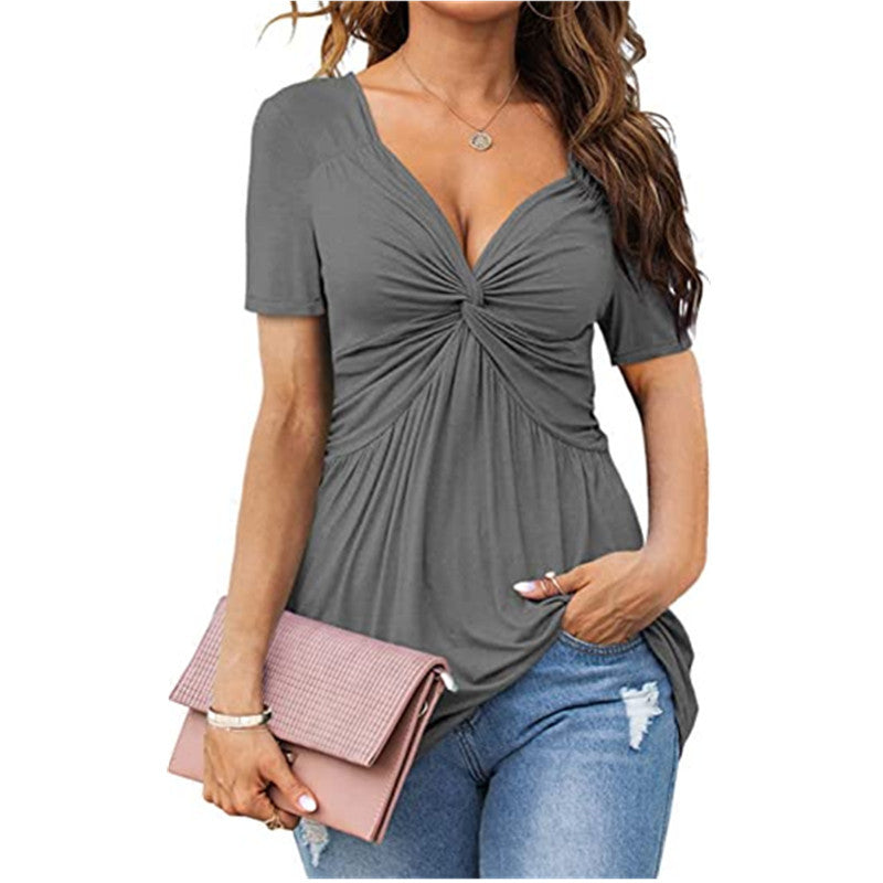 Women Fashion Casual Pleated Solid Color V-Neck Short-Sleeve Blouse