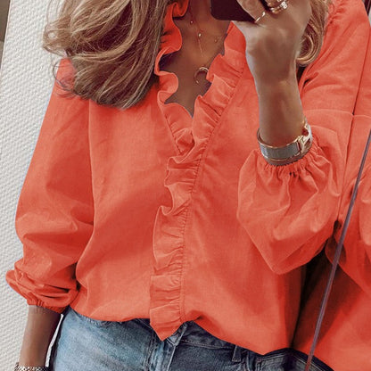 Women Casual V Neck Lantern Sleeve Ruffled Blouse