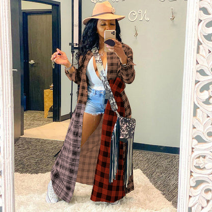 Women Fashion Casual Multicolor Plaid Patchwork Long Blouse Shacket Over Coat