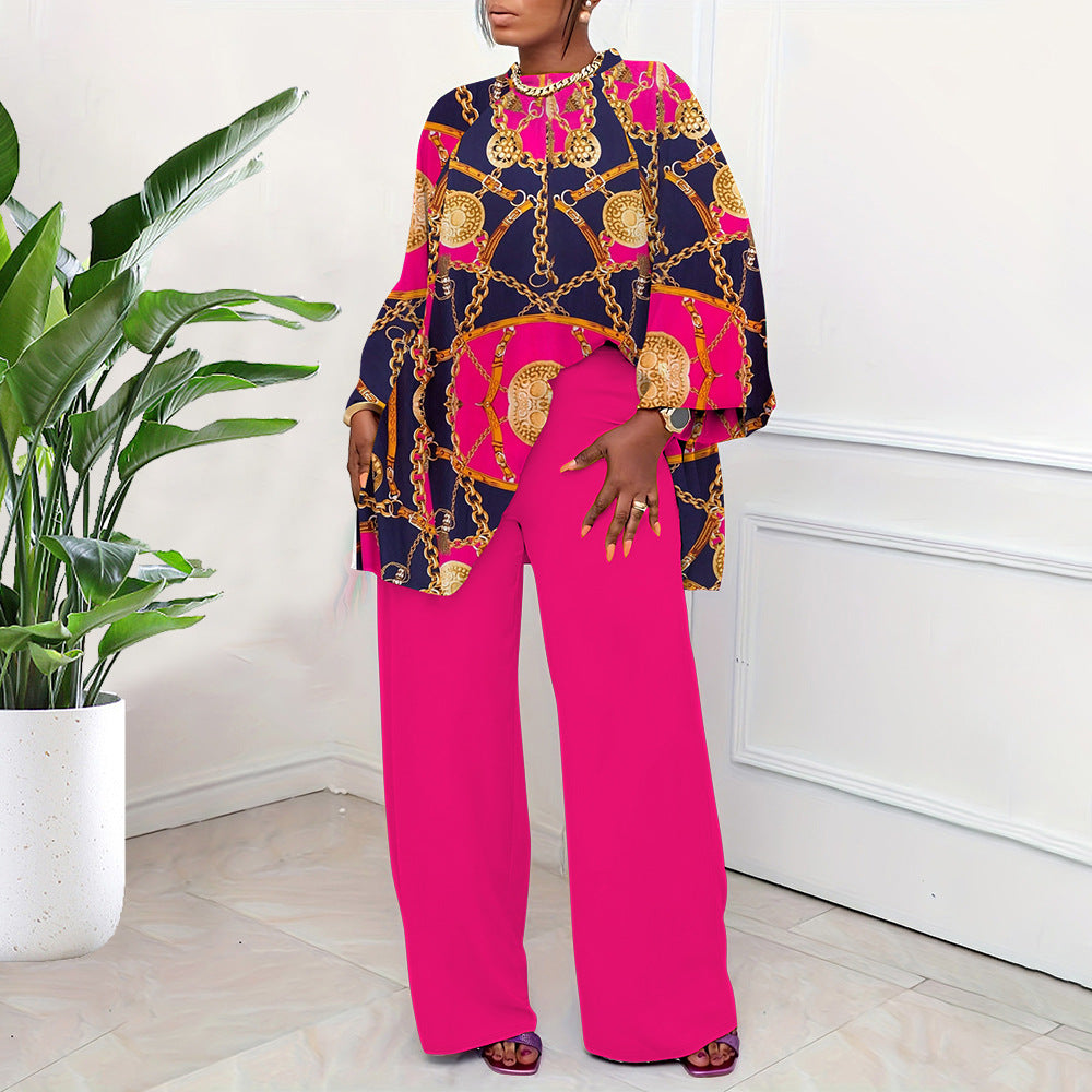 Women Spring Autumn Fashion Loose Casual Plus Size Print Blouse Pants Set