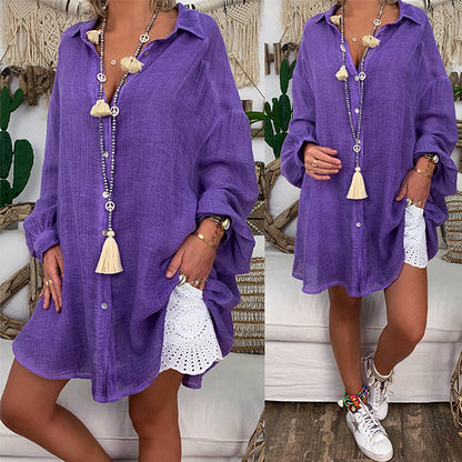Women Plus Size Casual Basic Solid Color Long Sleeves Beach Style Blouse