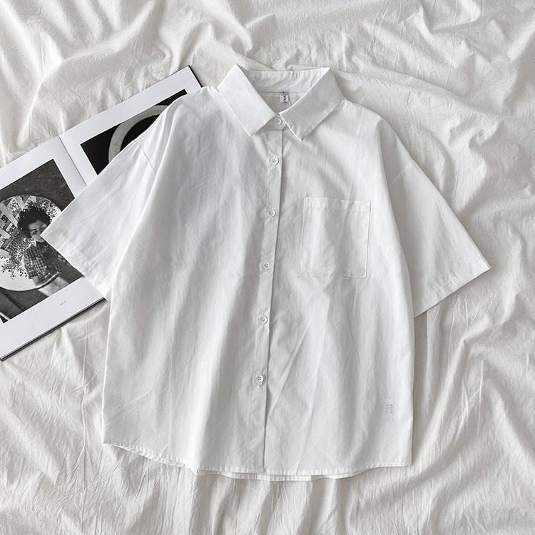 Casual Women Spring Summer Loose Fashion Short-Sleeve Solid Color Lapel Shirt Blouse
