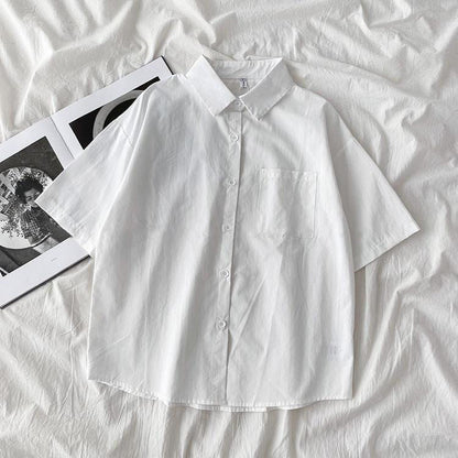 Casual Women Spring Summer Loose Fashion Short-Sleeve Solid Color Lapel Shirt Blouse