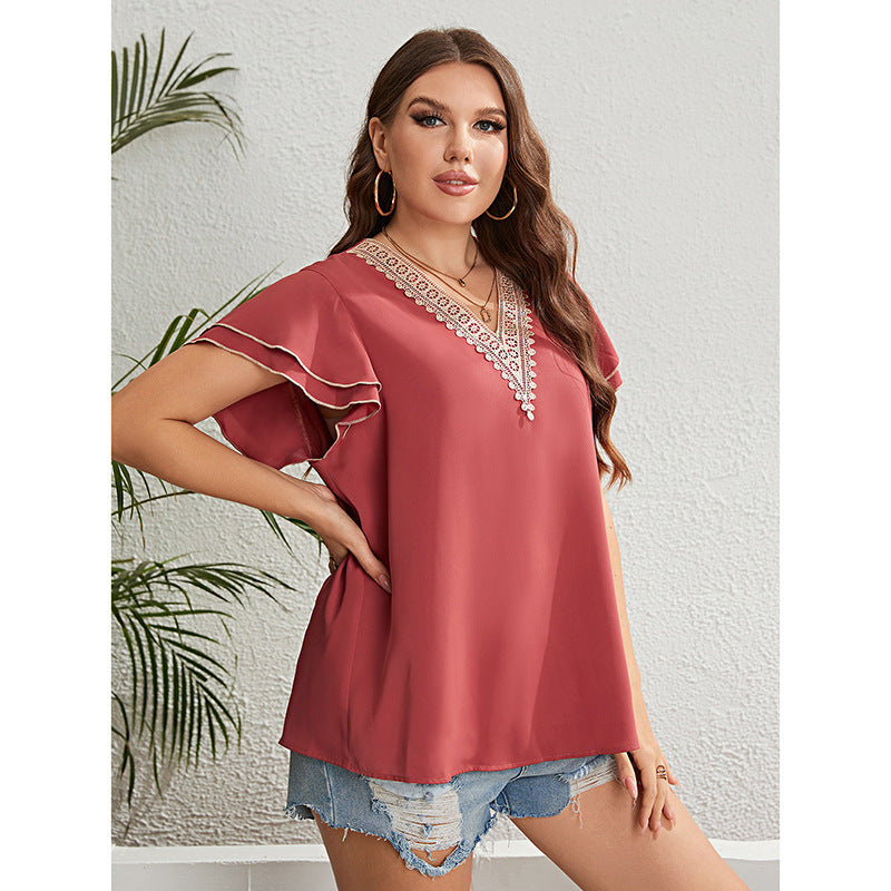 Casual Summer Brownish Red Lace V-Neck Loose Ruffled Short Sleeve Plus Size Women Blouse