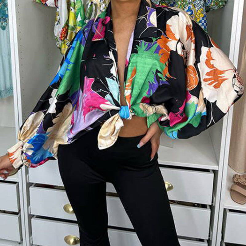 Women'S Sweet Fashion Multicolor Floral Printed Long Sleeve Loose Casual Knot Blouse