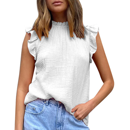 Women Fashion Casual Chiffon Solid Color Stitching Ruffled Sleeveless Blouse