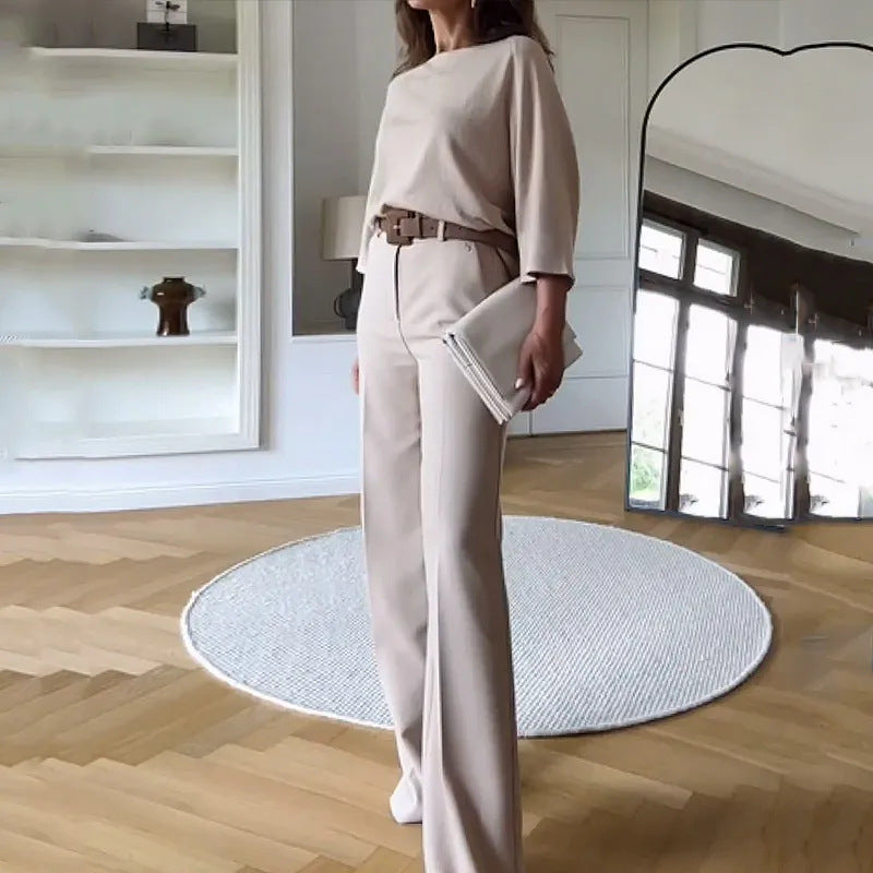 Summer Spring Casual Solid Color Blouse Pants Set