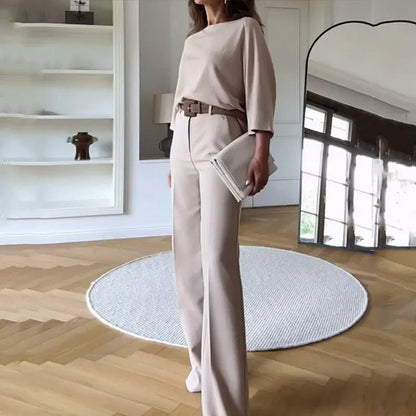 Summer Spring Casual Solid Color Blouse Pants Set