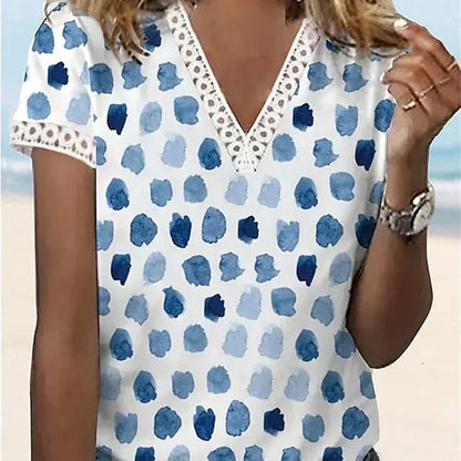 Women Casual Summer V-Neck Lace Feather Floral Printed Short-Sleeved Blouse