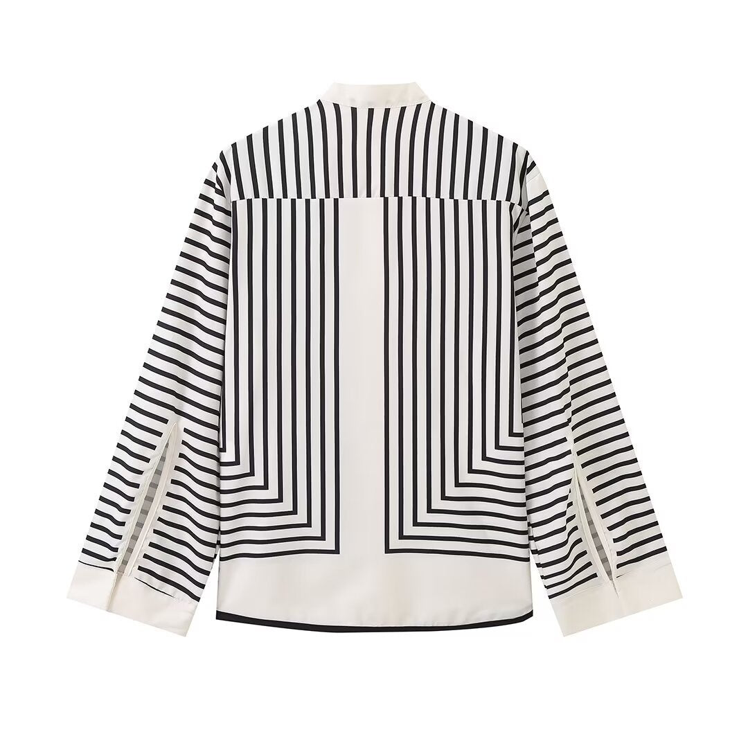 Women Fashion Casual Stripe Color Contrast Round Neck Single-Breasted Long-Sleeve Loose Blouse