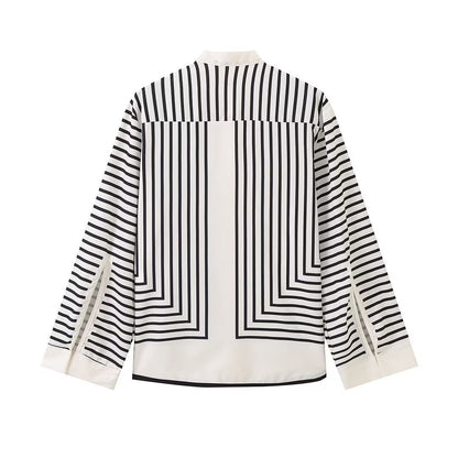 Women Fashion Casual Stripe Color Contrast Round Neck Single-Breasted Long-Sleeve Loose Blouse