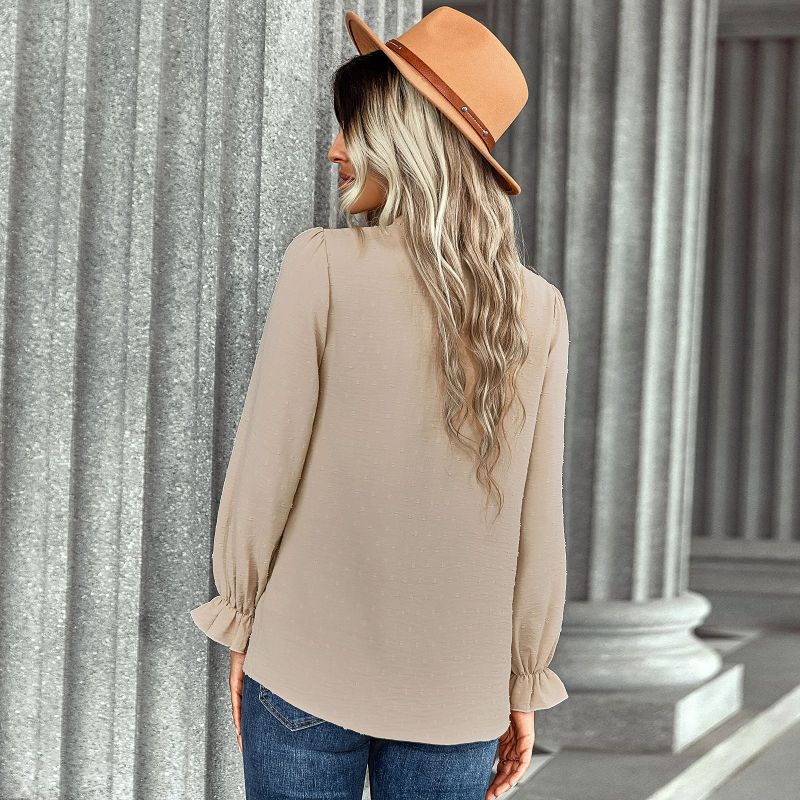 Women Elegant Solid Color V-Neck Fashion Casual Polka Dot Ruffled Blouse