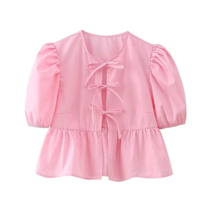 Women Sweet Casual Puff Sleeve Bow Knot Ruffled Stripe Leopard Blouse