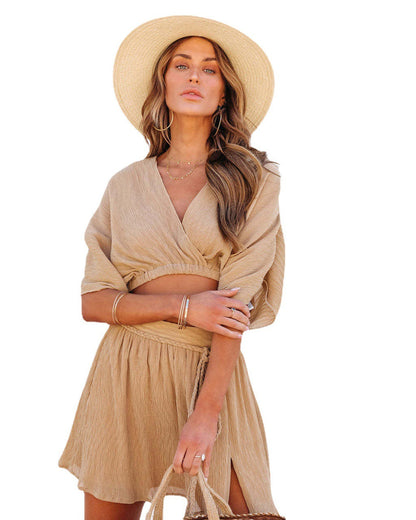 Women'S Casual Vacation Solid Fashion Cross Backless V-Neck Blouse + Slit Skirt Two-Piece Set