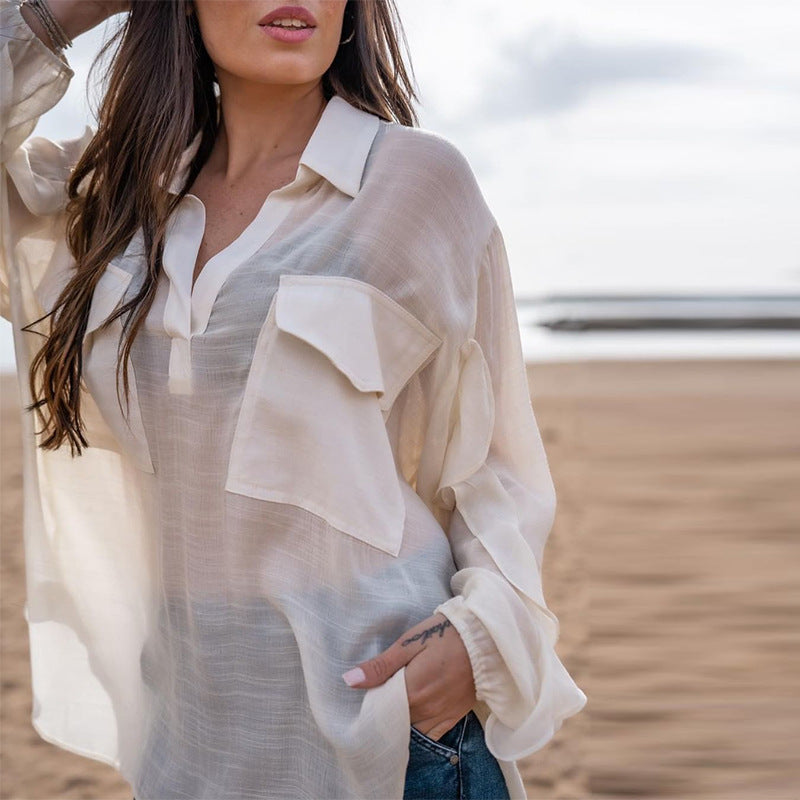 Women Fashion Casual Long-Sleeved V Neck Pullover Solid Color Cotton And Linen Blouse