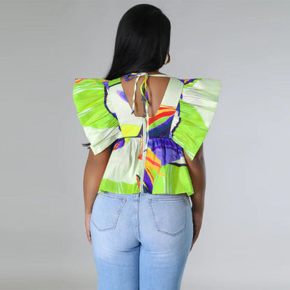 Women Fashion Casual Vacation Creased Floral Printed Lace Up V-Neck Short Sleeve Blouse