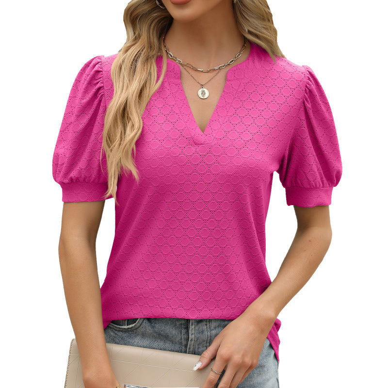 Casual Women Summer V-Neck Puff Sleeve Pleated Short-Sleeved Loose Blouse