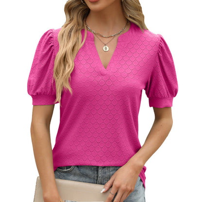 Casual Women Summer V-Neck Puff Sleeve Pleated Short-Sleeved Loose Blouse