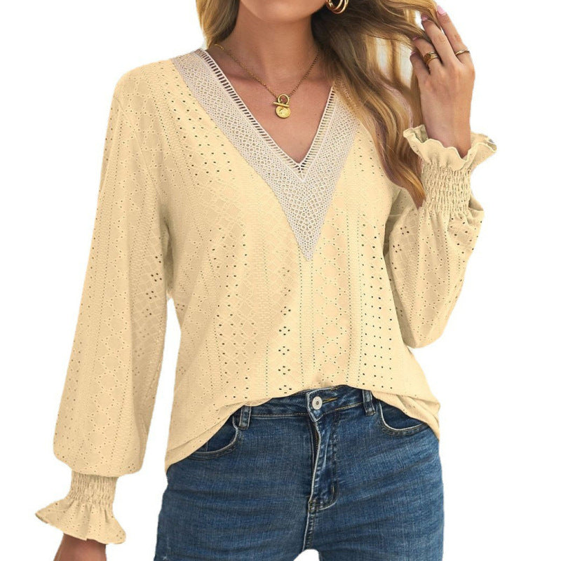 Women Fashion Casual Long-Sleeved Loose Hollow Lace V-Neck Blouse