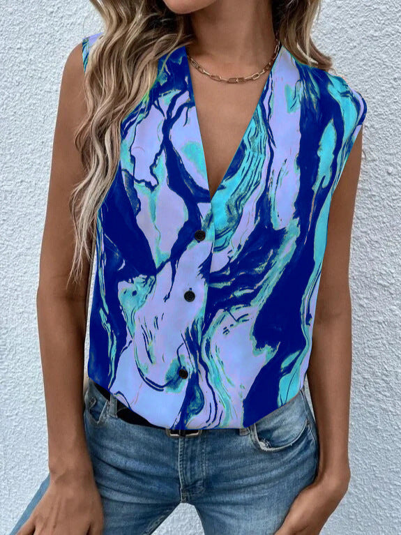 Women Summer Casual Tie Dye Marble Printed V-Neck Button-Down Sleeveless Blouse