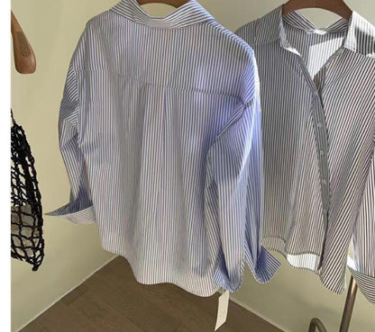 Women Fashion Casual Irregular Stripe Lapel Long-Sleeve Blouse
