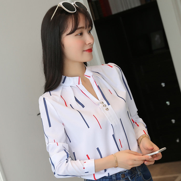 Women Casual Fashion Stripe Pattern Long Sleeve Basic Work Shirt Blouse