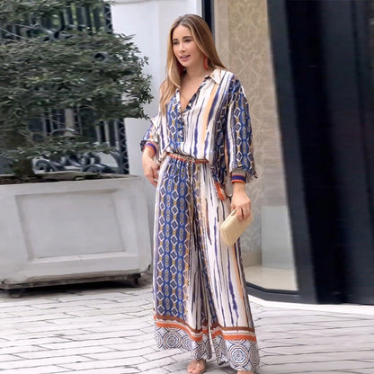 Women Office Casual Grapgic Print Lapel Long Sleeve Shirt Blouse Straight Trousers Set