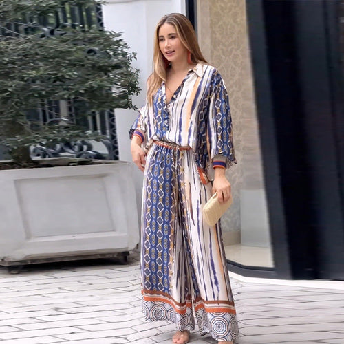 Women Office Casual Grapgic Print Lapel Long Sleeve Shirt Blouse Straight Trousers Set