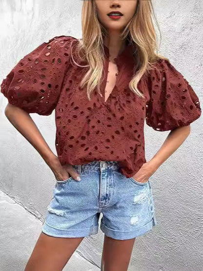 Women Summer Fashion Casual Lantern Sleeve V-Neck Button Hollow Lace Embroidered Blouse