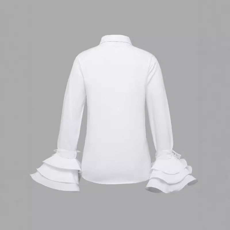 Women Casual Solid Color Lotus Leaf Sleeve Blouse