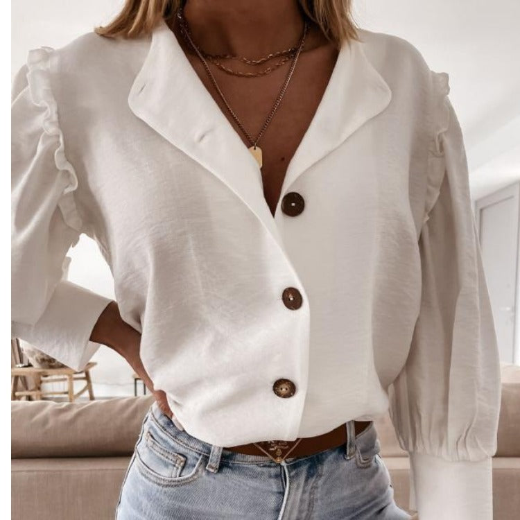 Women Elegant Basic Casual Solid Color Short Sleeves Ruffled Blouse