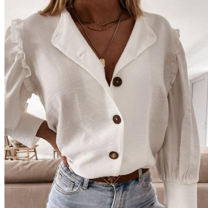Women Elegant Basic Casual Solid Color Short Sleeves Ruffled Blouse