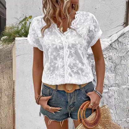 Summer Casual V-Neck Solid Color Lace Stitching Women V Neck Short Sleeve Blouse