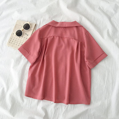 Casual Basic Summer Women Solid Color Lapel Short-Sleeved Shirt Blouse