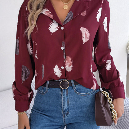 Women Fashion Casual Feather Print Long Sleeve Blouse