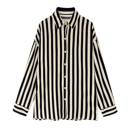 Women Casual Black White Stripe Print Long Sleeve Blouses