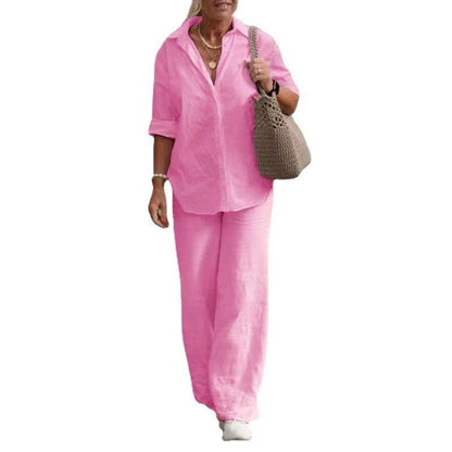 Women Fashion Casual Lapel Long-Sleeved Blouse Solid Color Pants Wide-Leg Set